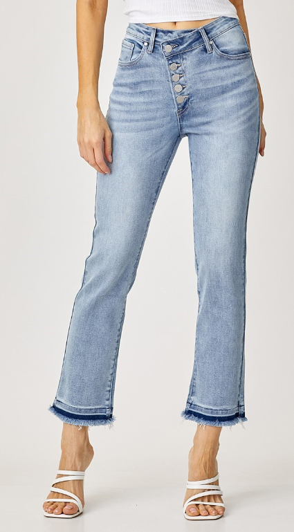 High Rise Light Wash Cross Over Button Down Straight Jeans