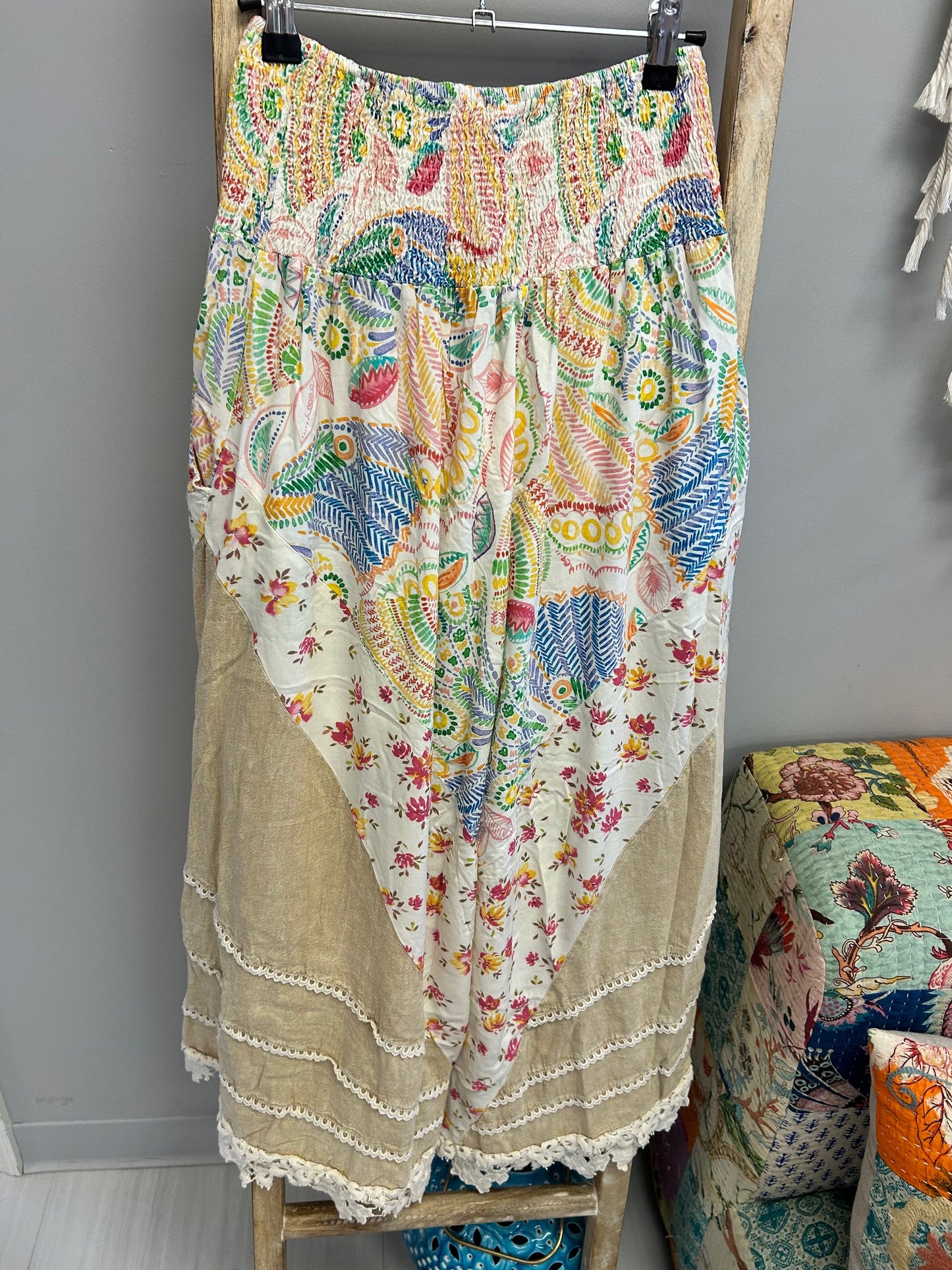 Fun Print Mix Pants - Natural