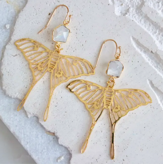 Gold Moonstone Luna Moth Earrings