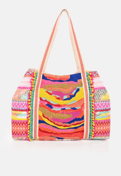 Pink Multicolored Handwoven Beaded Tote Bag