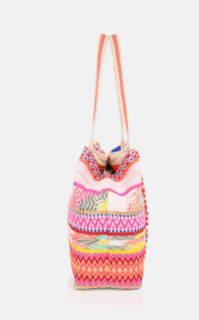 Pink Multicolored Handwoven Beaded Tote Bag