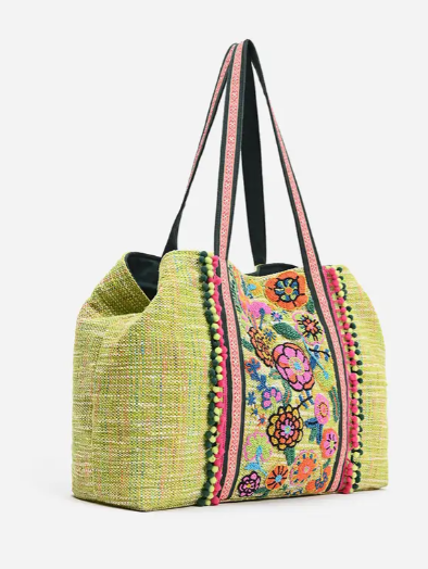 Beaded Floral Lime Tote