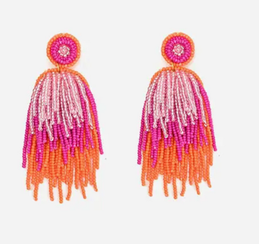 Layered Beaded Pink and Orange Fringe Earrings