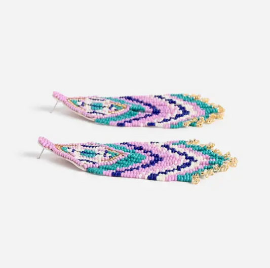 Lilac and Blue Beaded Fringe Earrings