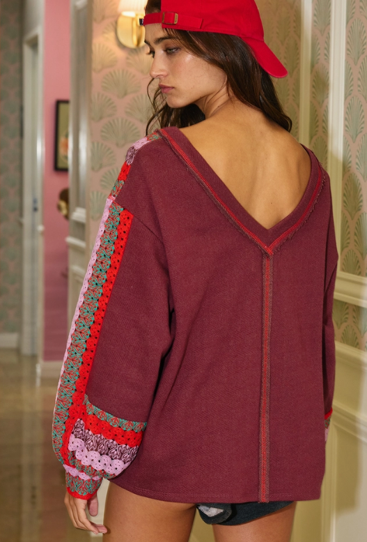 Crochet V-Neck Terry Sweatshirt