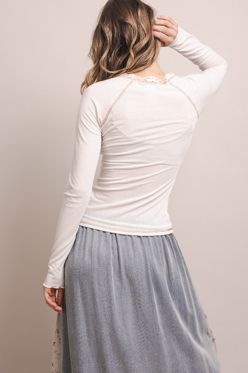 White Ribbed Henley Top
