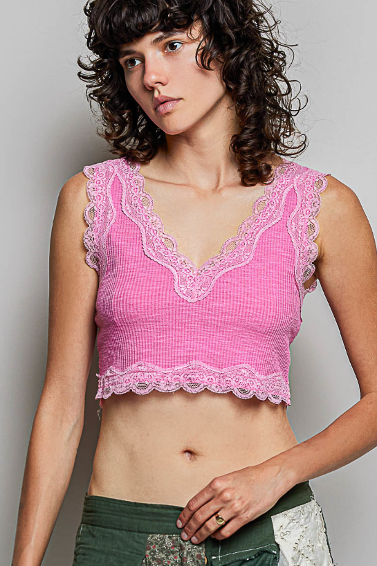 Pol Ribbed Lace Crop Top
