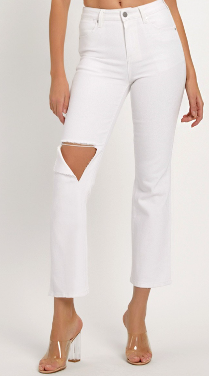 Risen relaxed distressed white denim