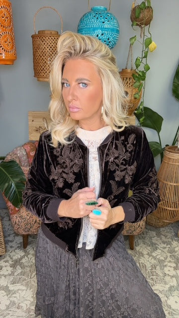 Velvet Embroidered Bomber Jacket