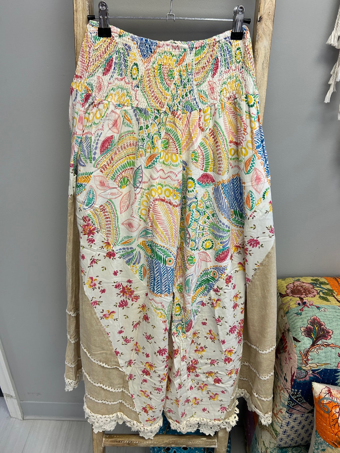 Fun Print Mix Pants - Natural