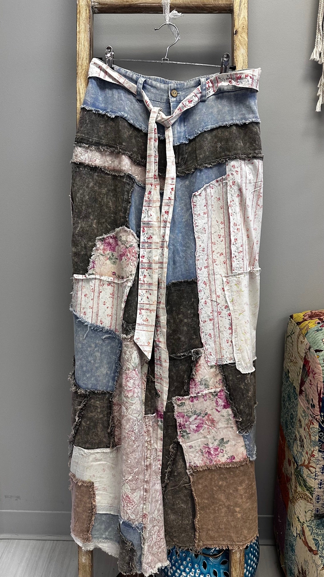 Blue Floral Patchwork Pants