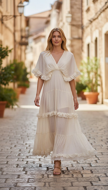 V Flutter Sleeve Maxi Dress