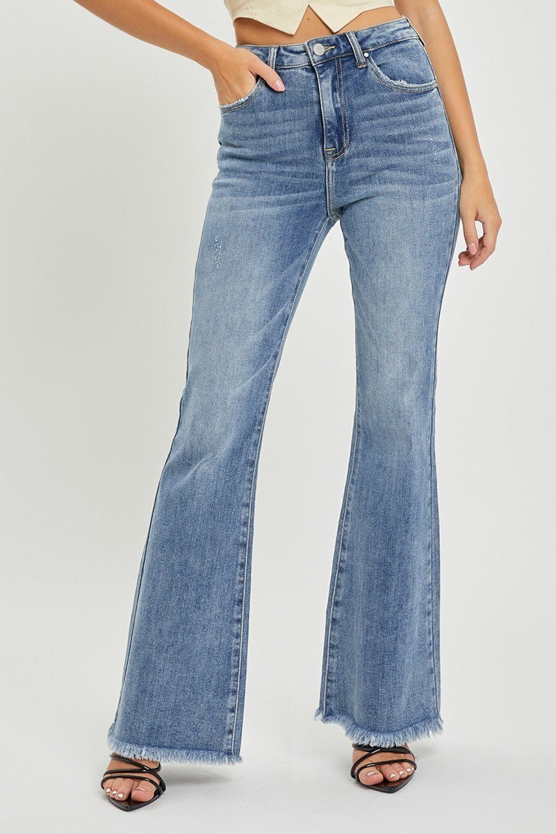 Risen High Rise Vintage Frayed Hem Flare Jeans