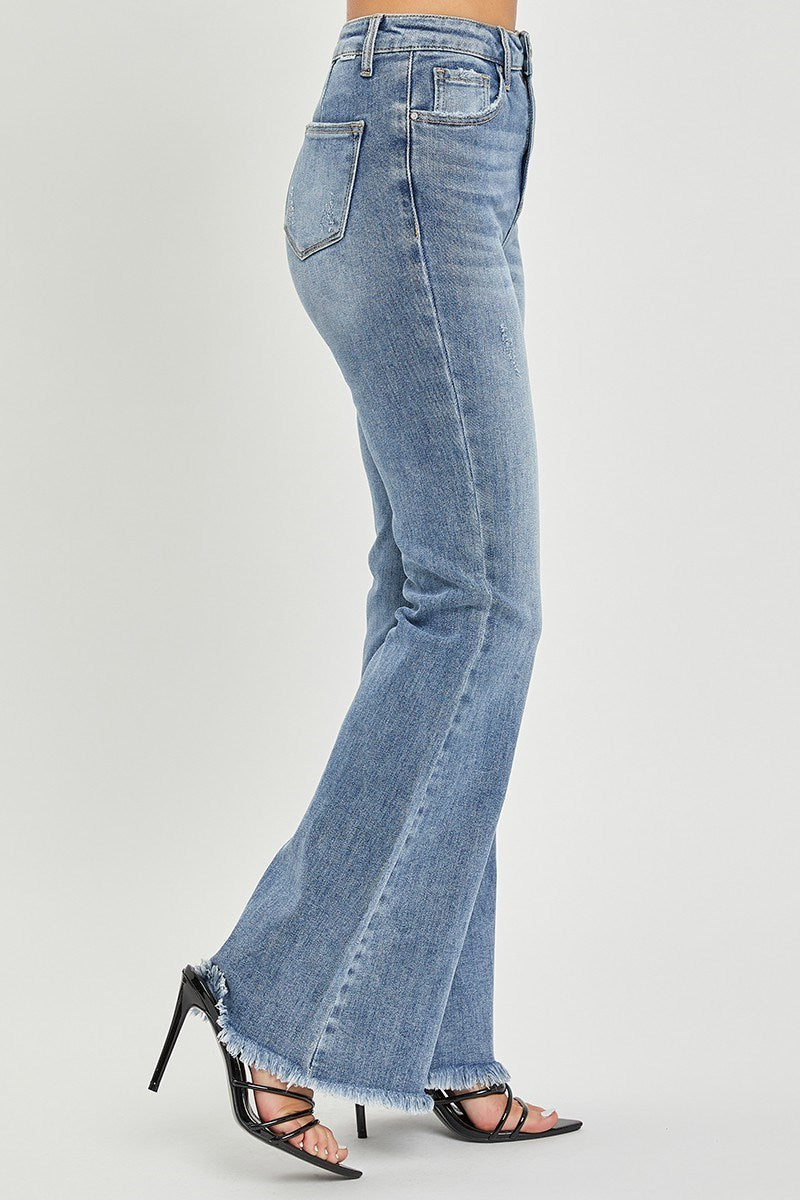 Risen High Rise Vintage Frayed Hem Flare Jeans