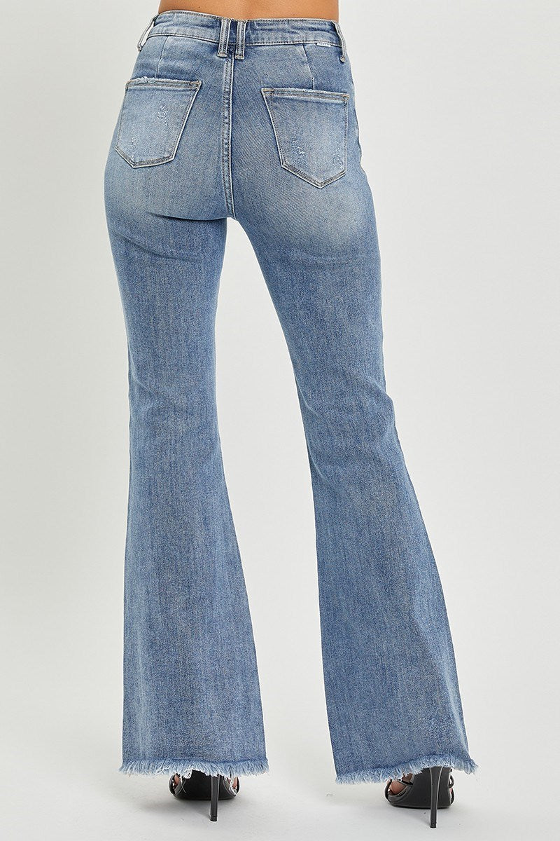 Risen High Rise Vintage Frayed Hem Flare Jeans