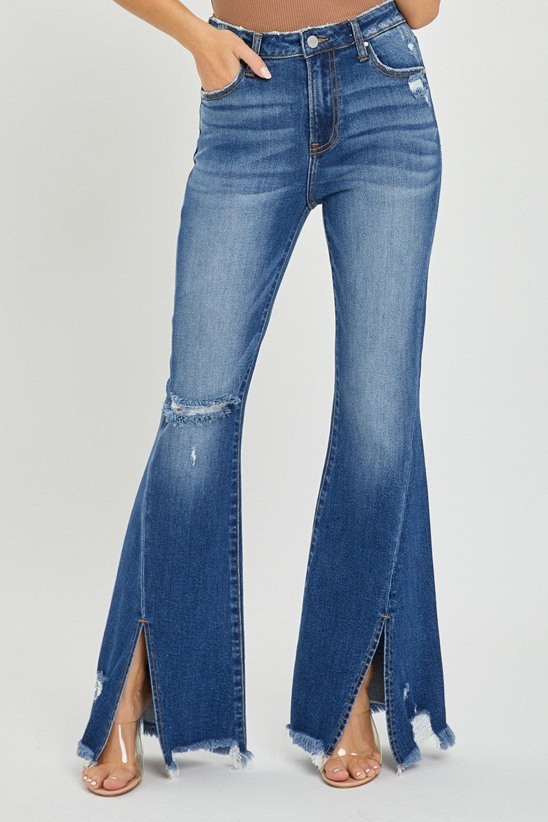 Risen Front Slit Dark Wash Flares