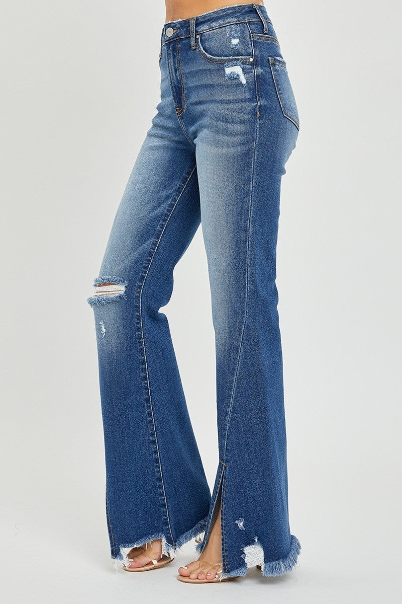 Risen Front Slit Dark Wash Flares