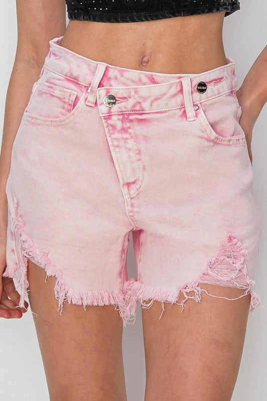 Acid Pink Distressed Crossover Shorts