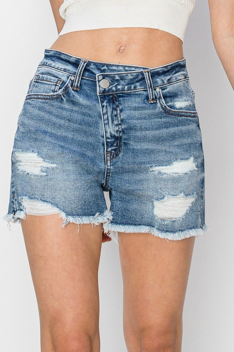 Risen Cross Over Distressed Denim Shorts