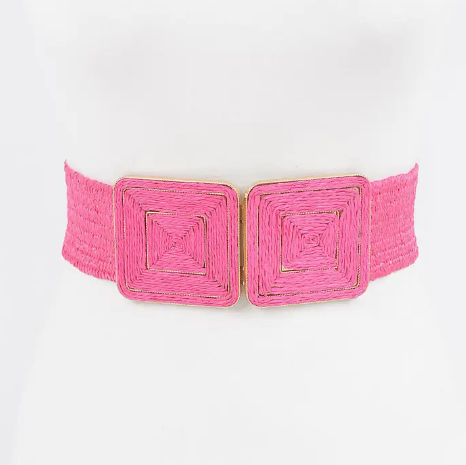 Faux Straw Two Buckle Elastic Belt