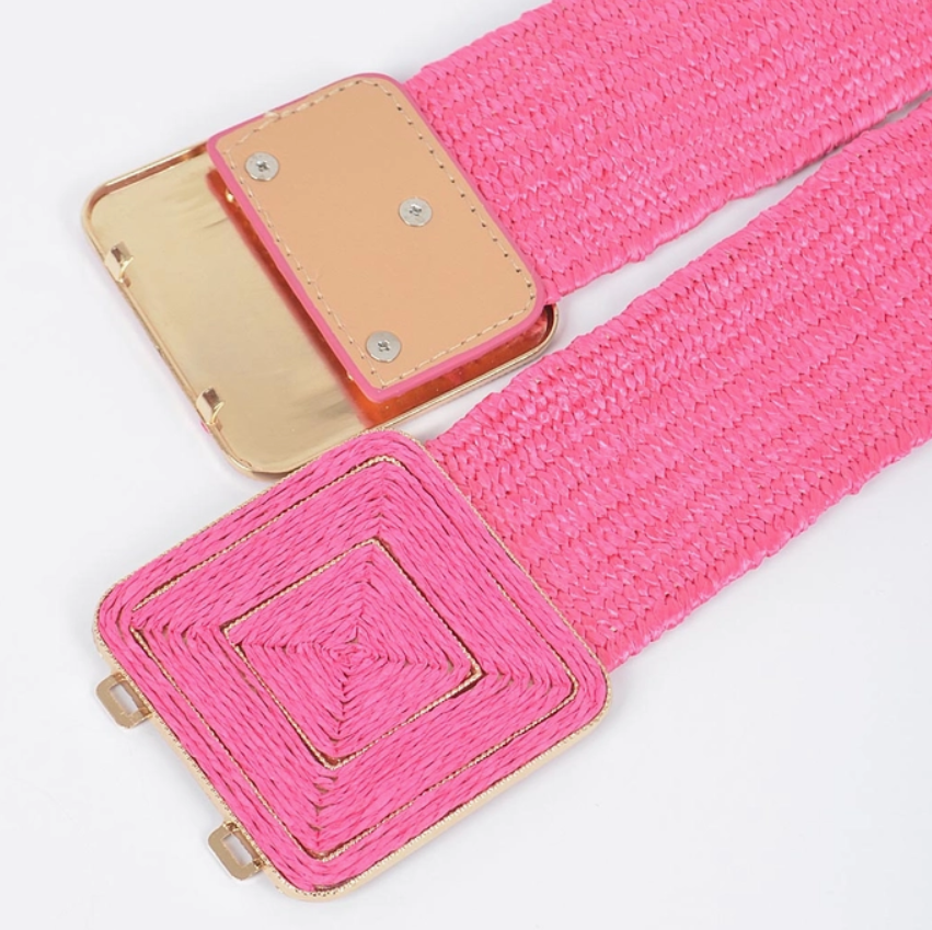 Faux Straw Two Buckle Elastic Belt