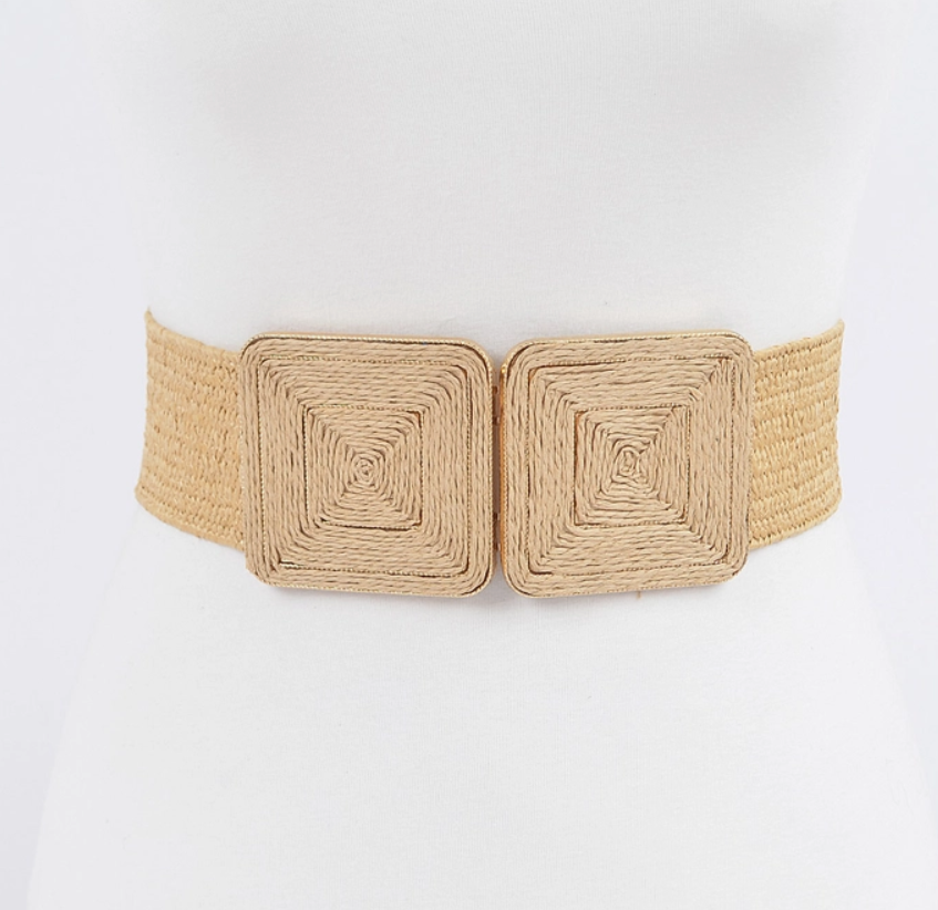 Faux Straw Two Buckle Elastic Belt