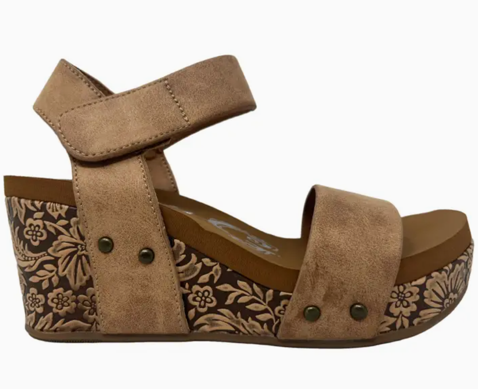 Devon Faux Leather Strap Floral Tooled Wedges by Very G