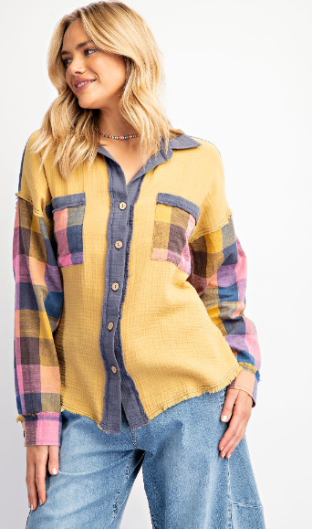 Road Trip Ready Flannel Mix Button Down Top