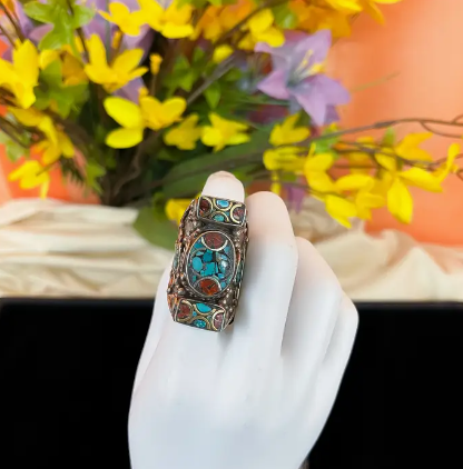 Nepalese Turquoise & Coral Ring