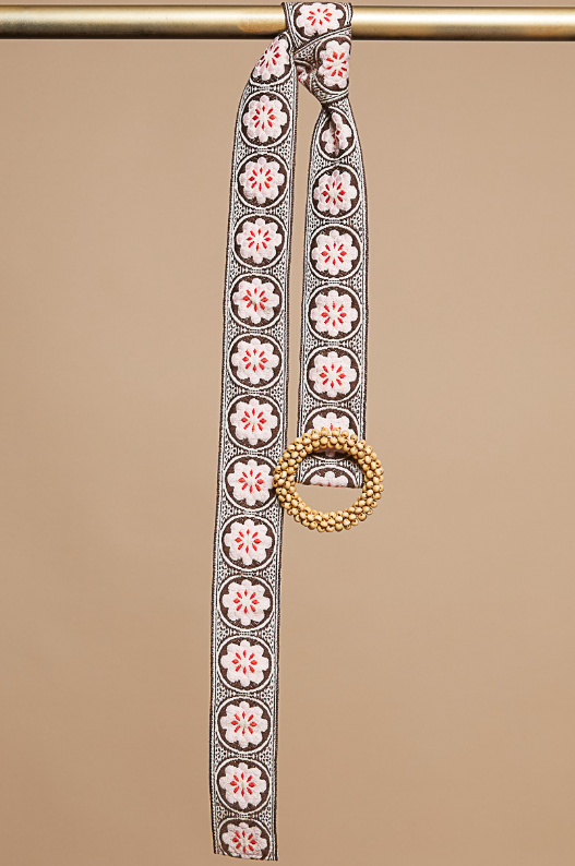 Pol Brown/Pink Floral Embroidered Belt