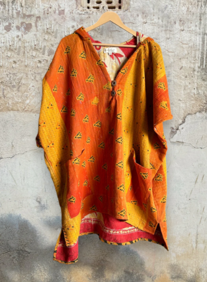 Kantha Hooded Poncho Pullover Top