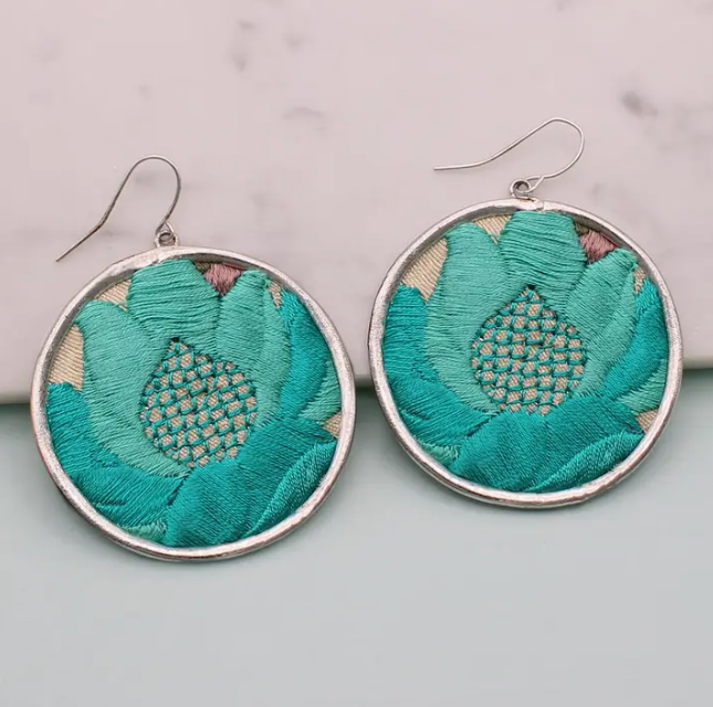 Round Silver Embroidered Earrings