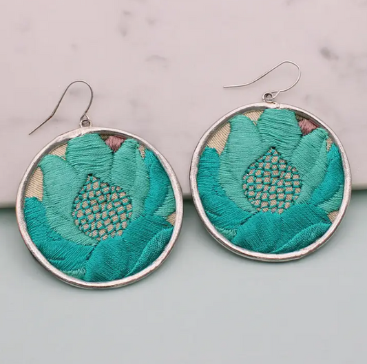 Round Silver Embroidered Earrings