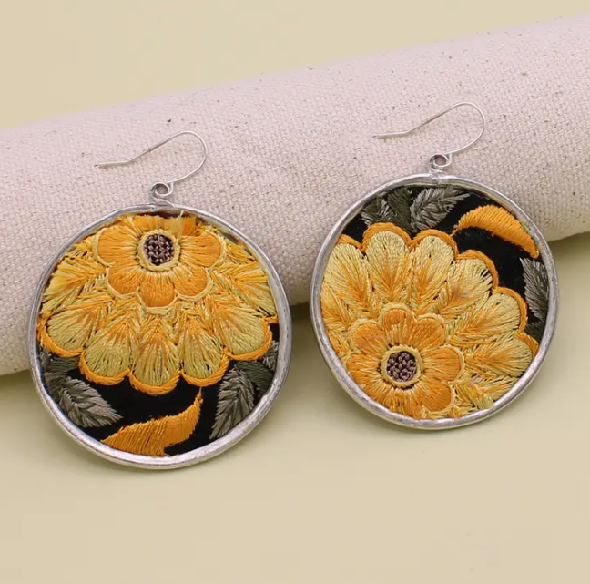 Round Silver Embroidered Earrings