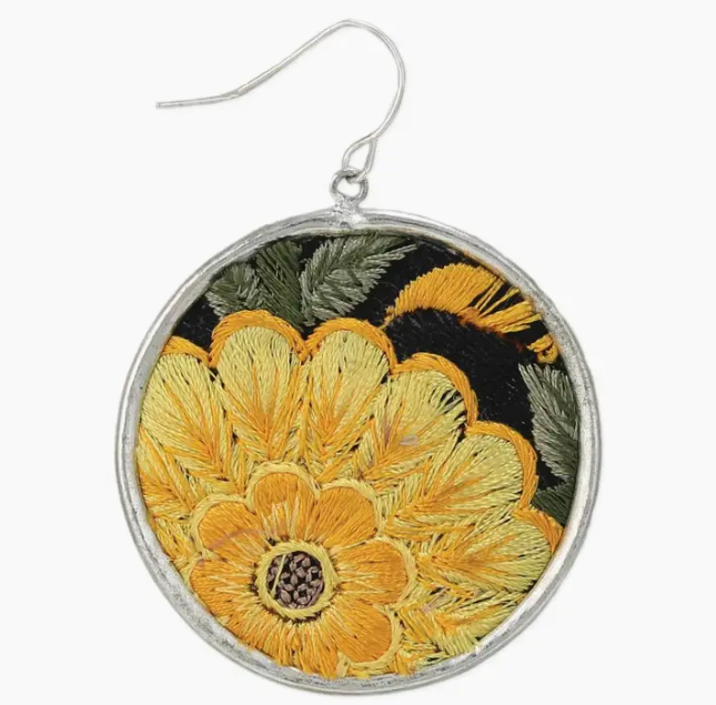 Round Silver Embroidered Earrings