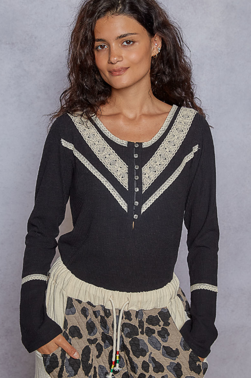 Crochet Trim Henley Top