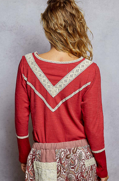 Crochet Trim Henley Top