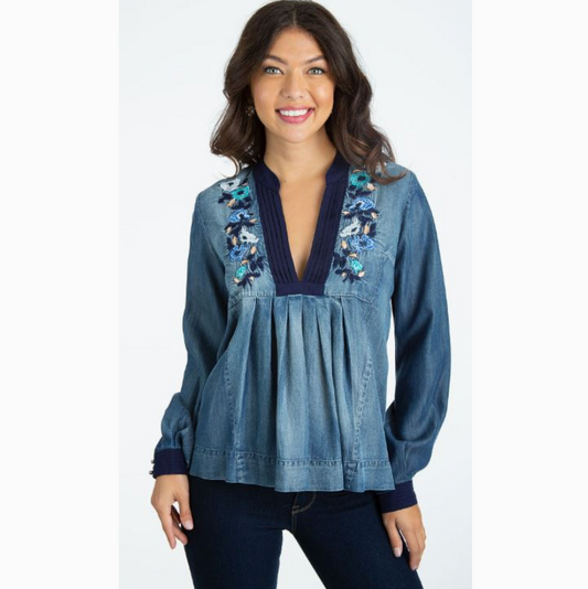Best Life Embroidered Denim Top