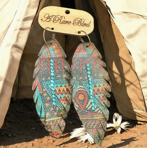 Aztec Leather Feather Earrings