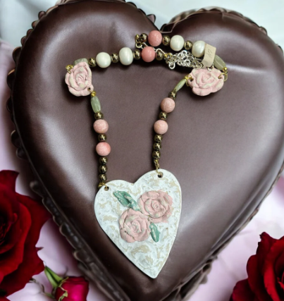 Hand Carved Rose Stone Heart Necklace