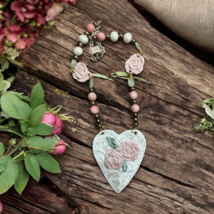 Hand Carved Rose Stone Heart Necklace