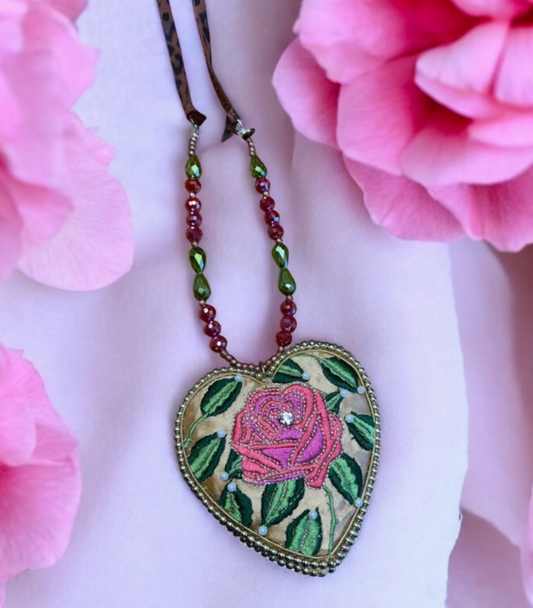 Satin Embroidered Rose Heart Necklace