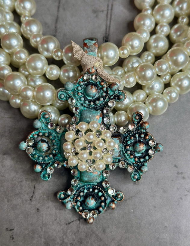 Five Strand Pearl Cross Necklace