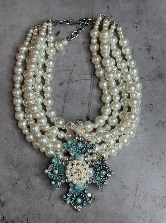 Five Strand Pearl Cross Necklace