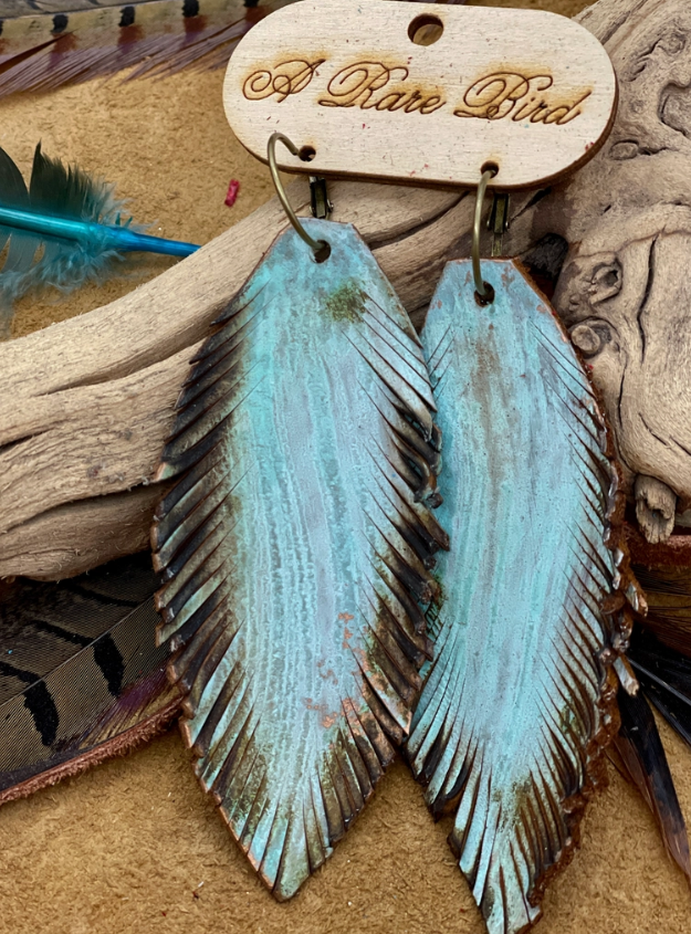 Patina Leather Feather Earrings