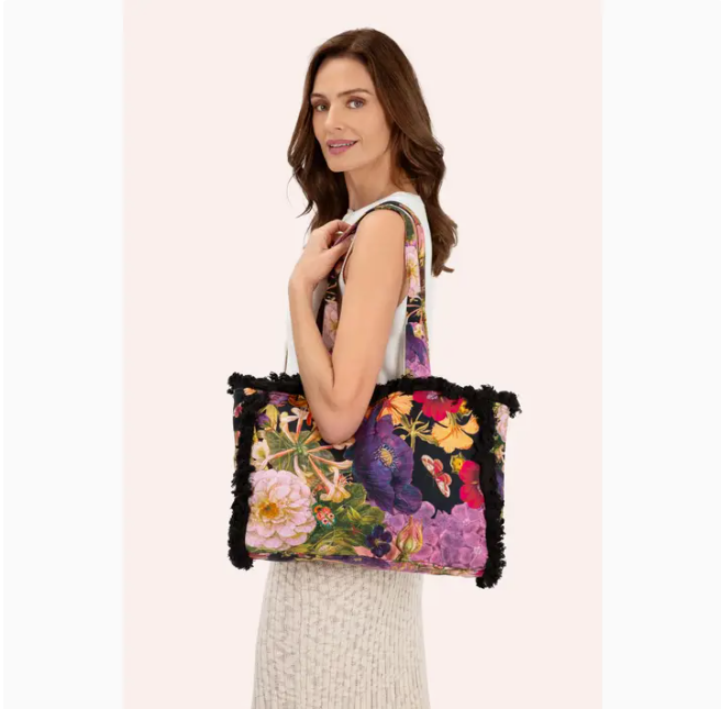 Midnight Posy Fringed Tote Bag