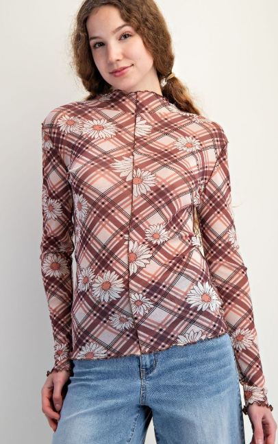Plaid Floral Mesh Top