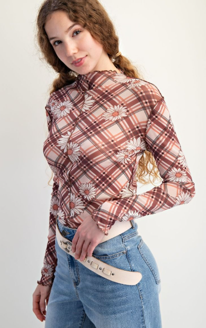 Plaid Floral Mesh Top