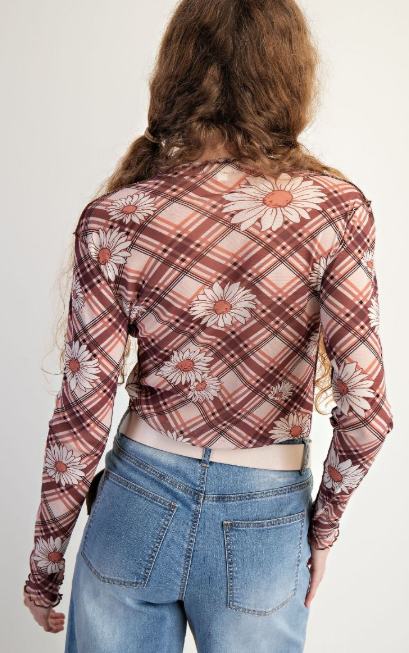 Plaid Floral Mesh Top