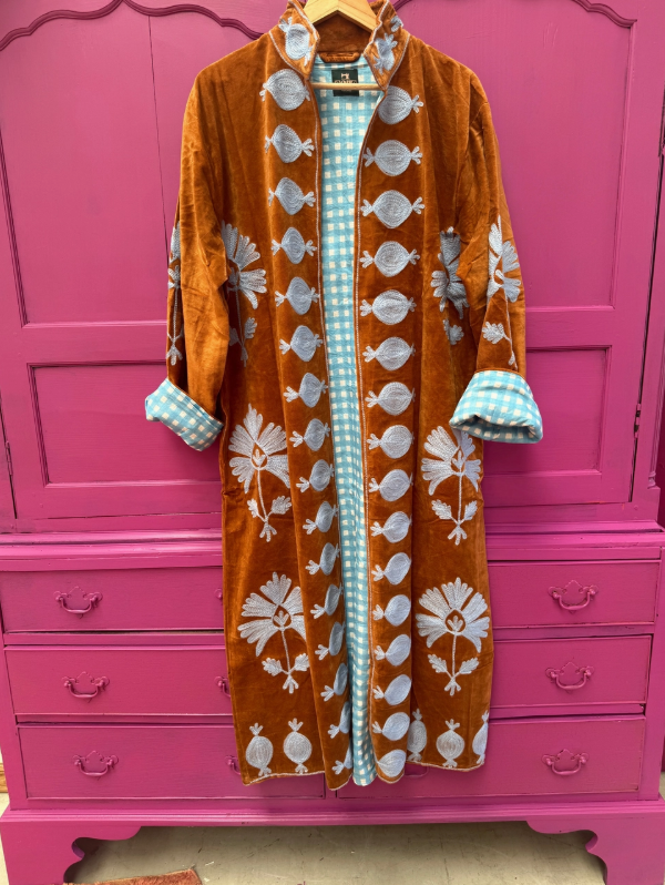 Long Brick & Blue Velvet Jacket